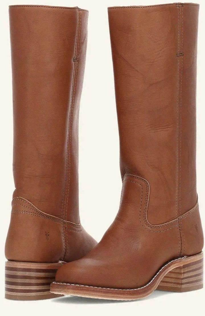 Women's Mid-Calf Leather Western Boots Stacked Block Heel - Light Brown