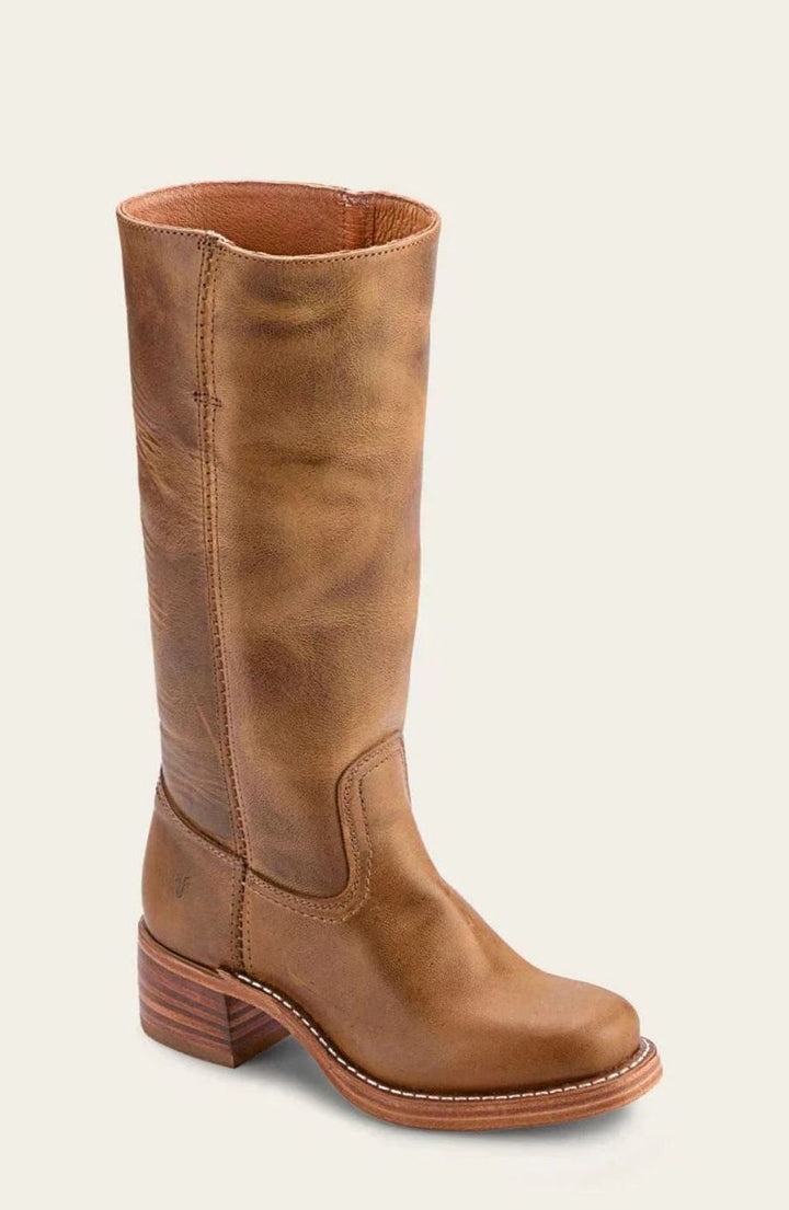 Women's Mid-Calf Leather Western Boots Stacked Block Heel