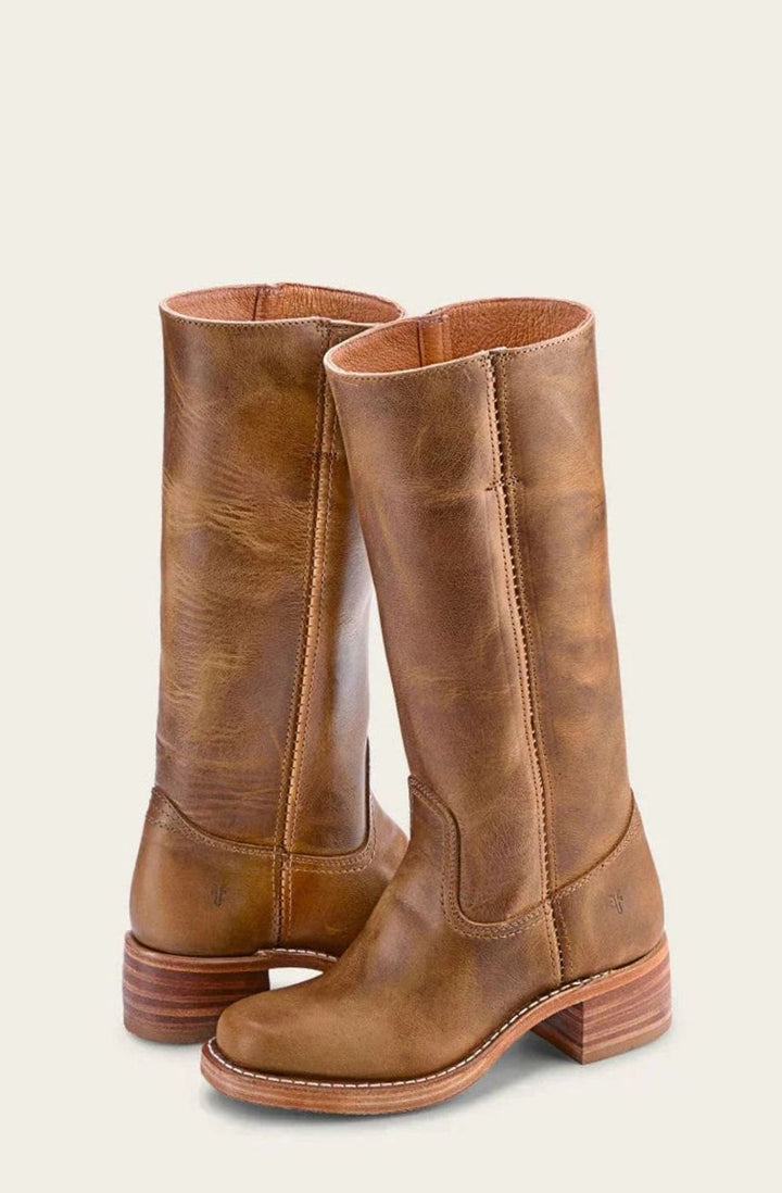 Women's Mid-Calf Leather Western Boots Stacked Block Heel - Brown