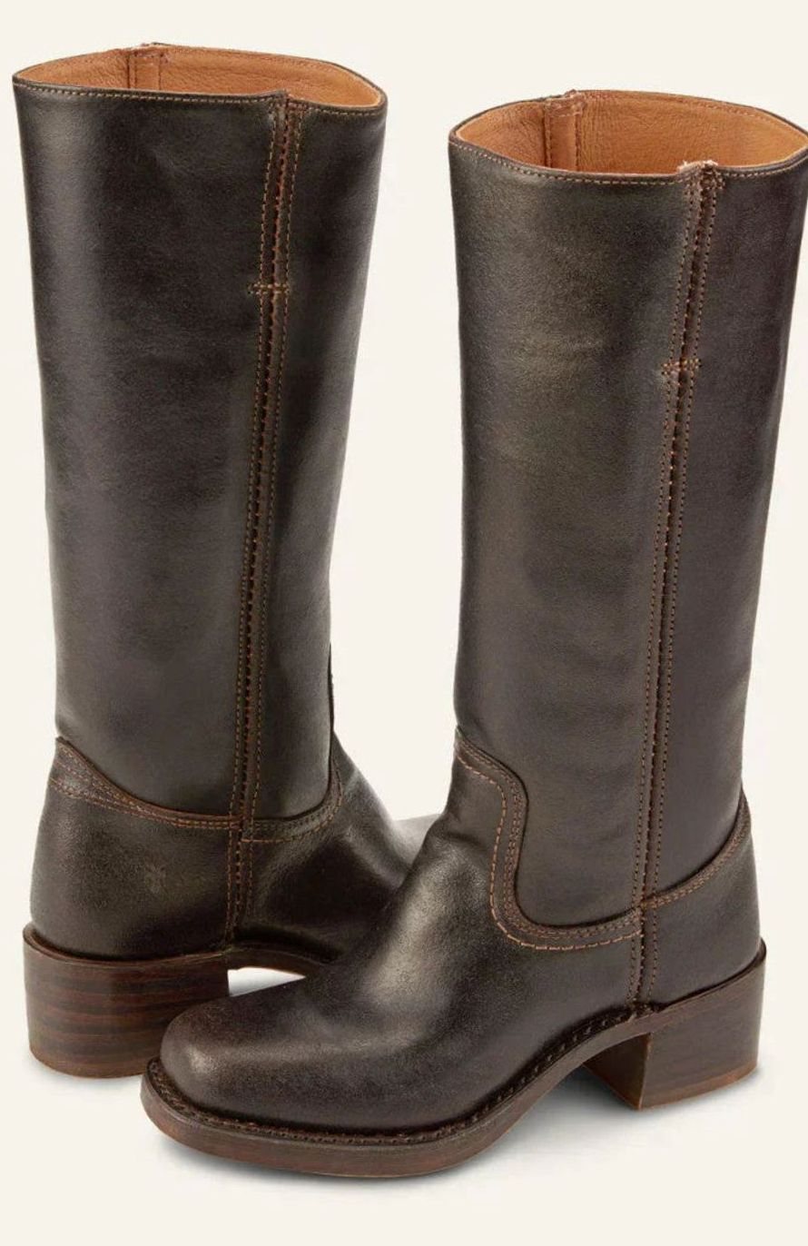 Women's Mid-Calf Leather Western Boots Stacked Block Heel - Dark Brown
