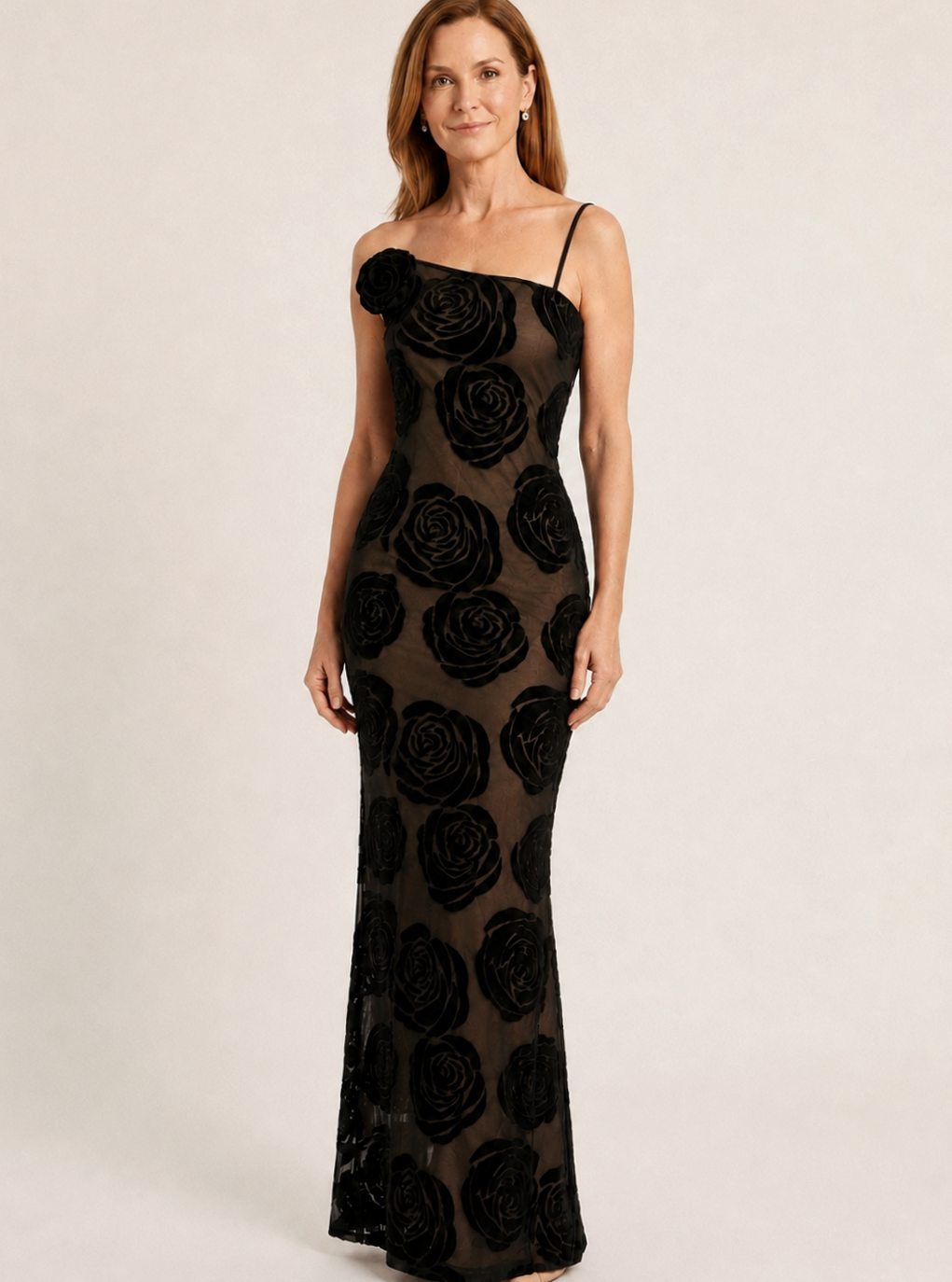 Women's One-Shoulder Floral Velvet Maxi Evening Gown - Black