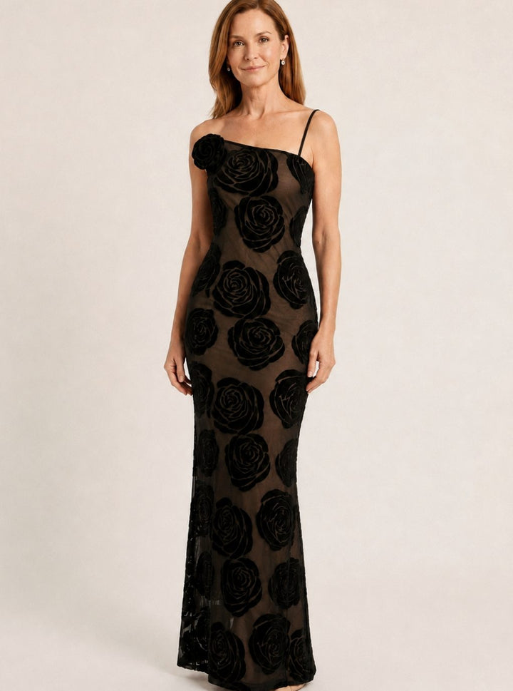 Women's One-Shoulder Floral Velvet Maxi Evening Gown - Black