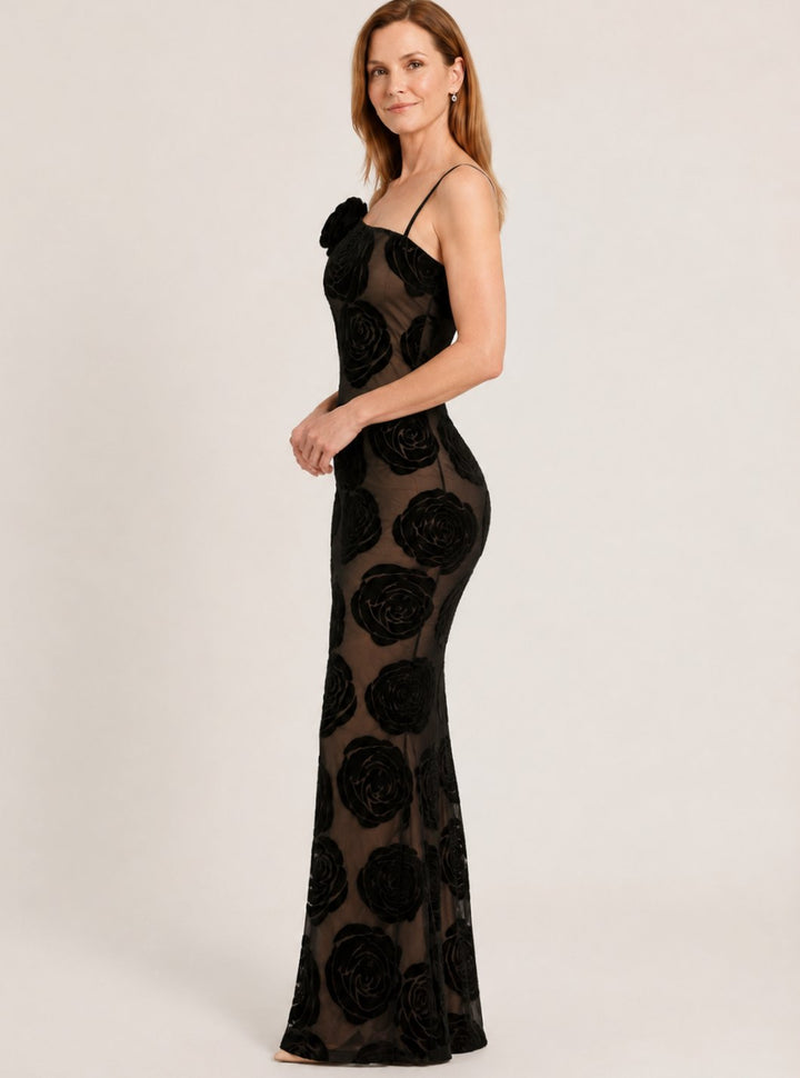 Women's One-Shoulder Floral Velvet Maxi Evening Gown