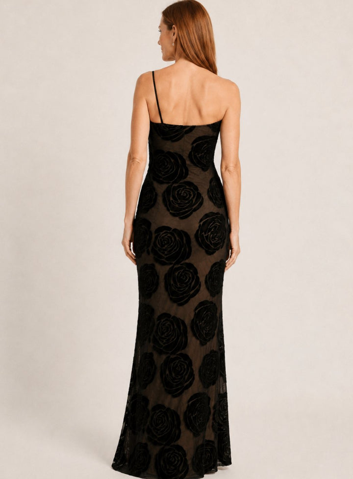 Women's One-Shoulder Floral Velvet Maxi Evening Gown