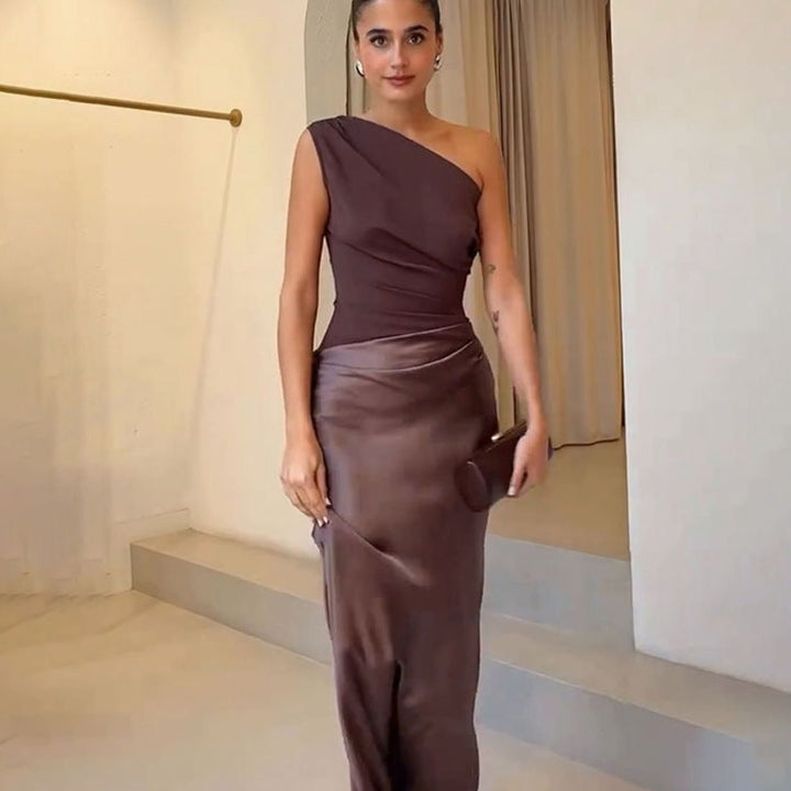 Women's One-Shoulder Ruched Faux-Leather Maxi Evening Dress