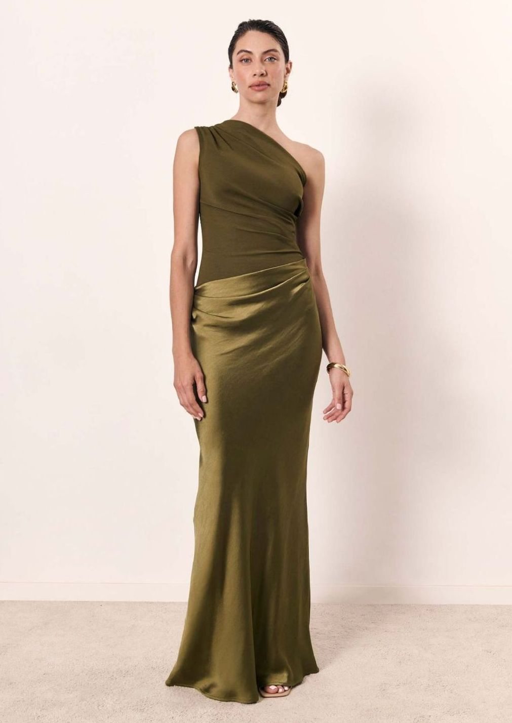 Women's One-Shoulder Ruched Faux-Leather Maxi Evening Dress