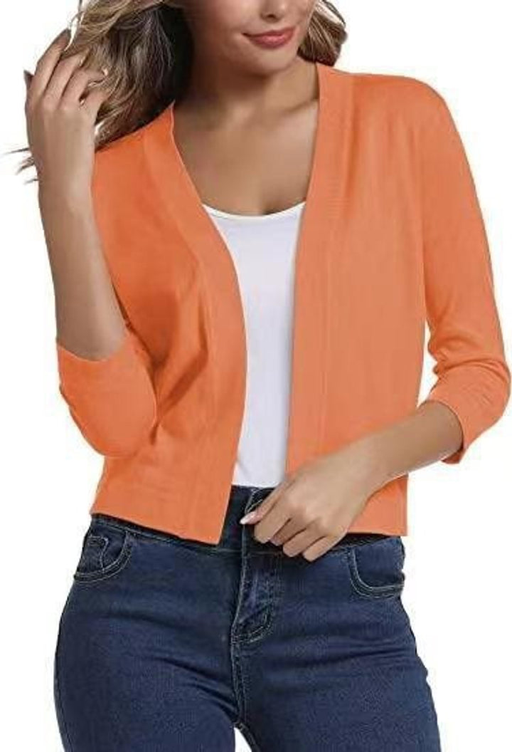 Women's Open-Front 3/4 Sleeve Cropped Cardigan - Orange