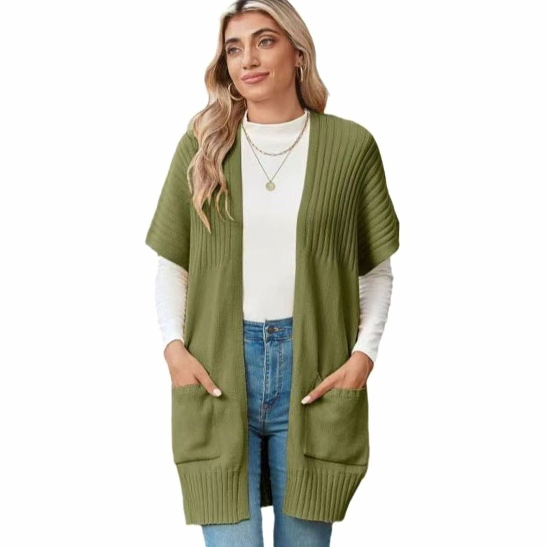 Women's Open-Front Short-Sleeve Ribbed Knit Cardigan with Pockets - Army Green