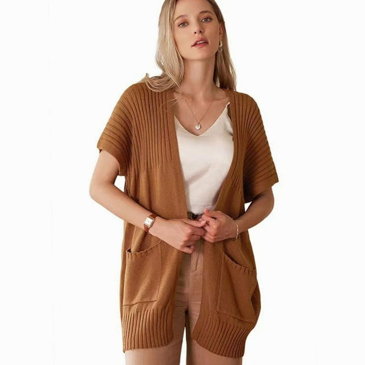 Women's Open-Front Short-Sleeve Ribbed Knit Cardigan with Pockets - Brown