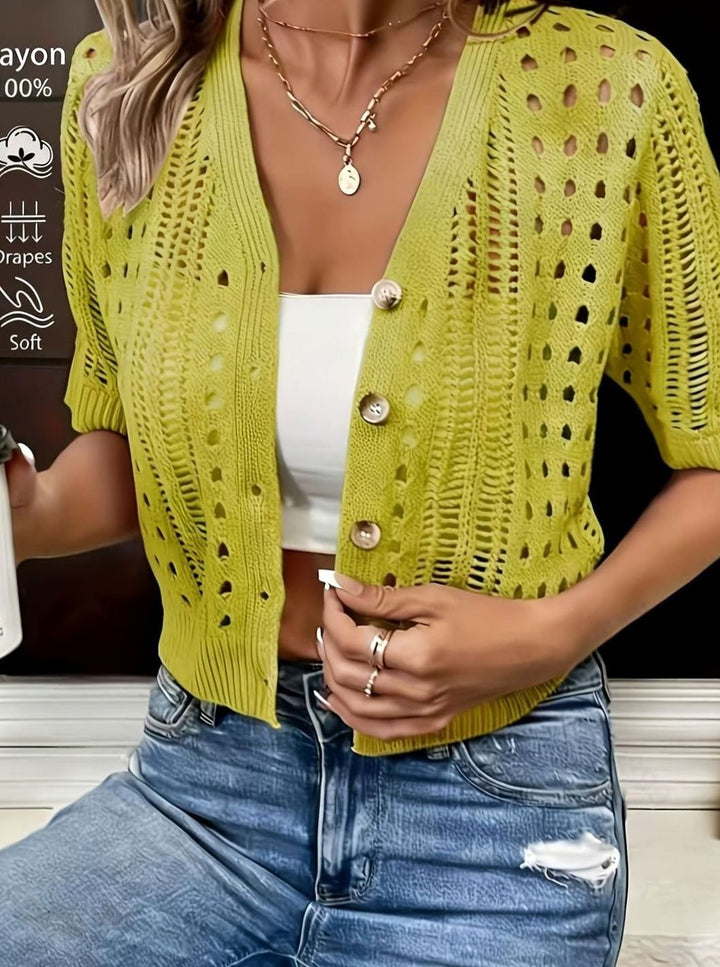Women's Open-Knit Cropped Short-Sleeve Button Cardigan