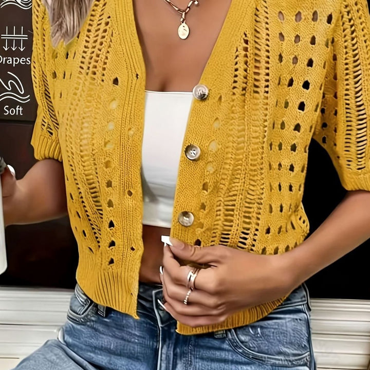 Women's Open-Knit Cropped Short-Sleeve Button Cardigan - Golden