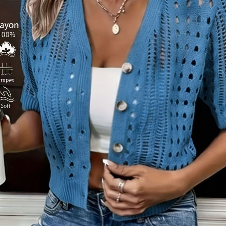Women's Open-Knit Cropped Short-Sleeve Button Cardigan - Vibrant Blue
