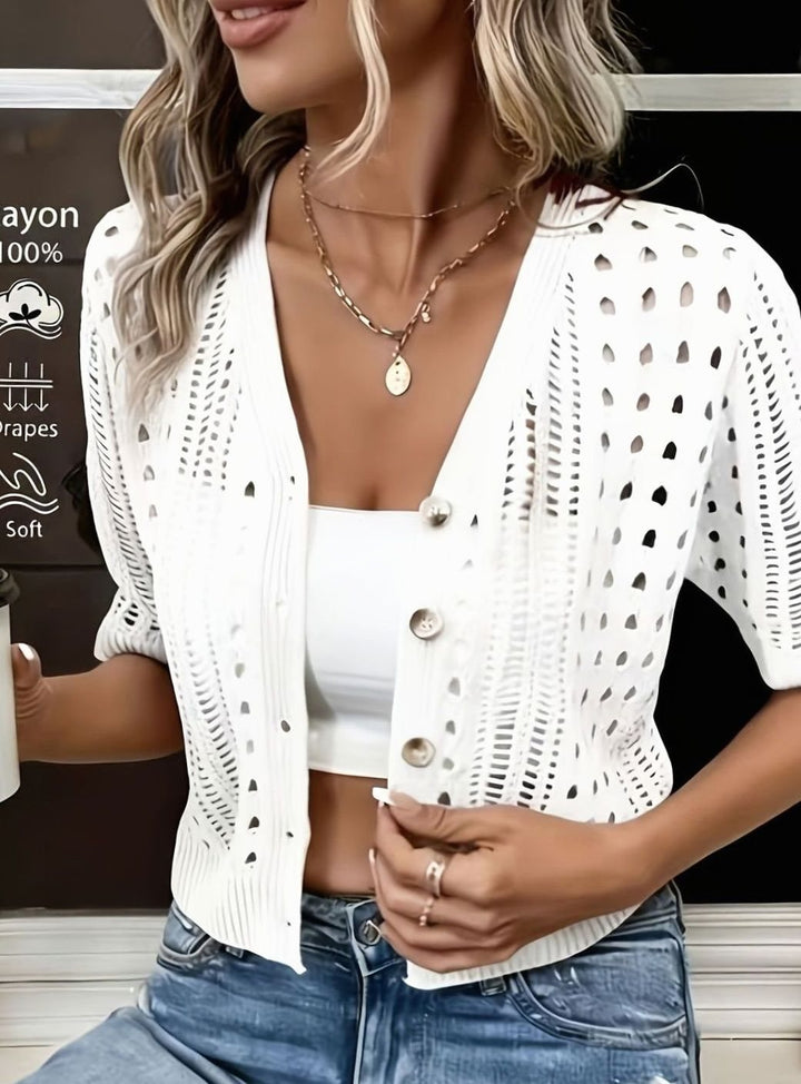 Women's Open-Knit Cropped Short-Sleeve Button Cardigan