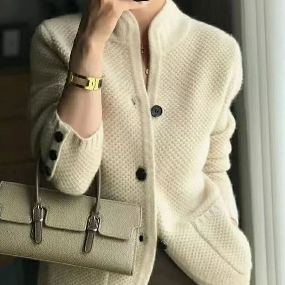Women's Open-Pocket Waffle-Knit Button Cardigan Sweater - Beige