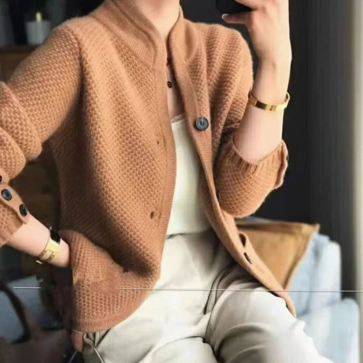 Women's Open-Pocket Waffle-Knit Button Cardigan Sweater - Brown