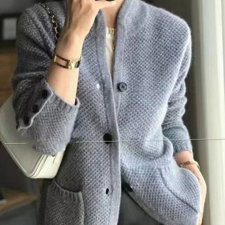 Women's Open-Pocket Waffle-Knit Button Cardigan Sweater - Grey