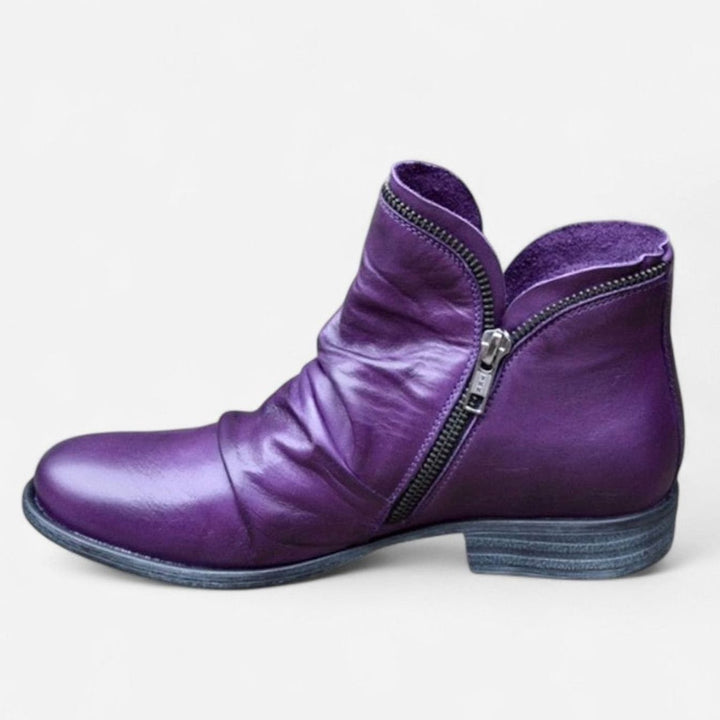 Women's Orthopedic Leather Ankle Boots Side-Zip Ruched - Purple