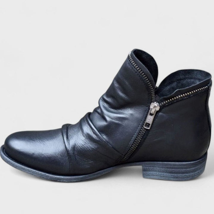 Women's Orthopedic Leather Ankle Boots Side-Zip Ruched - Black