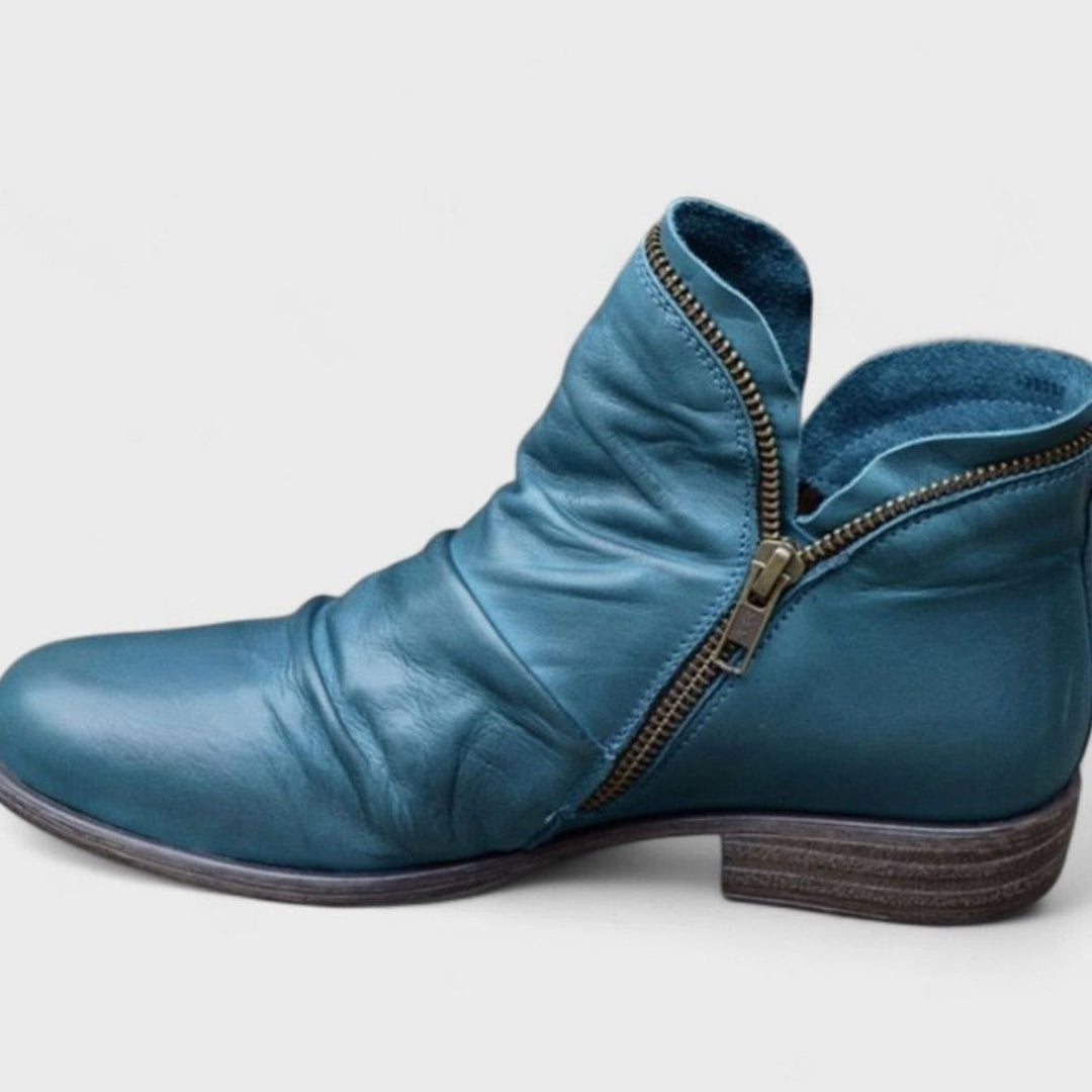 Women's Orthopedic Leather Ankle Boots Side-Zip Ruched - Blue