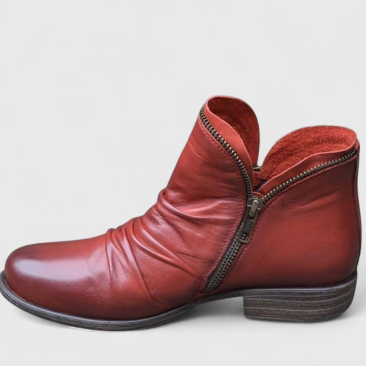 Women's Orthopedic Leather Ankle Boots Side-Zip Ruched - Red