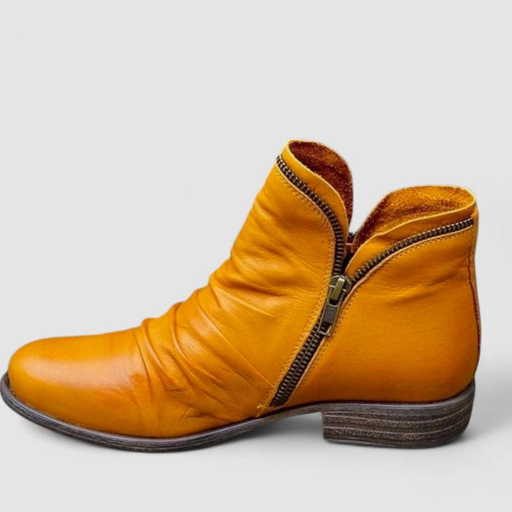 Women's Orthopedic Leather Ankle Boots Side-Zip Ruched - Yellow