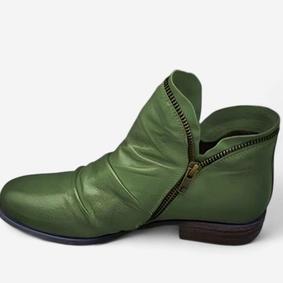 Women's Orthopedic Leather Ankle Boots Side-Zip Ruched - Green