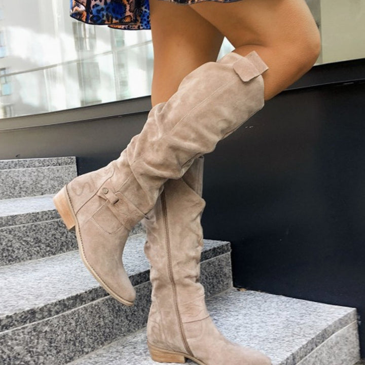 Women's Over-the-Knee Suede Fashion Boots Low Heel - Beige
