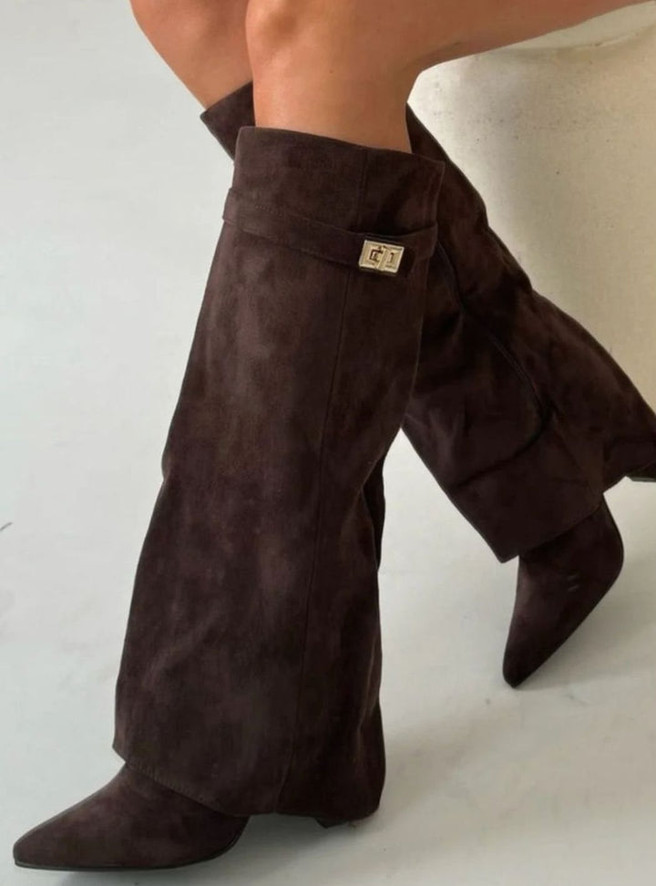 Women's Over-the-Knee Suede Pointed-Toe Buckle Boots - Brown Suede