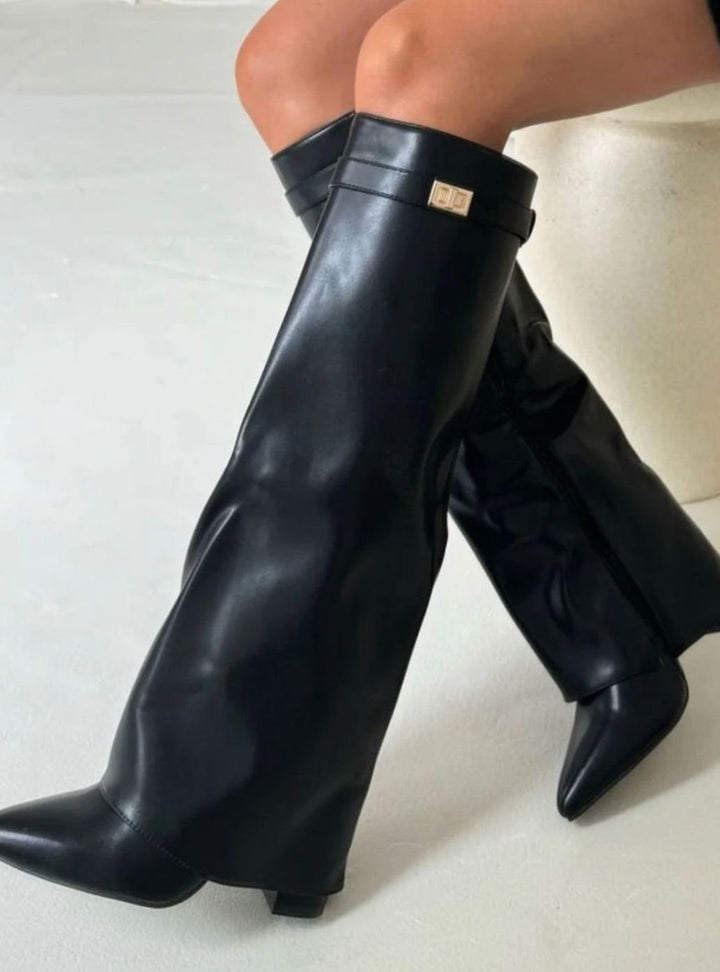 Women's Over-the-Knee Suede Pointed-Toe Buckle Boots - Black