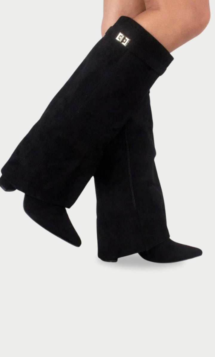 Women's Over-the-Knee Suede Pointed-Toe Buckle Boots - Black Suede