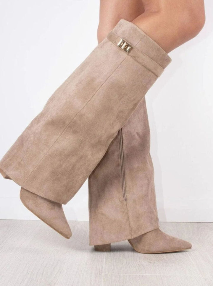 Women's Over-the-Knee Suede Pointed-Toe Buckle Boots - Beige Suede