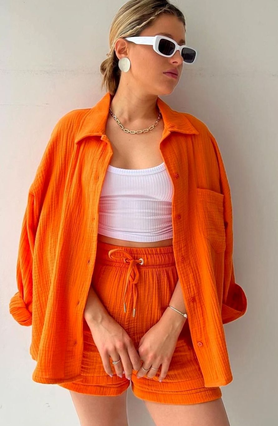 Women's Oversized Button-Down Shirt Shorts Two-Piece Set - Orange