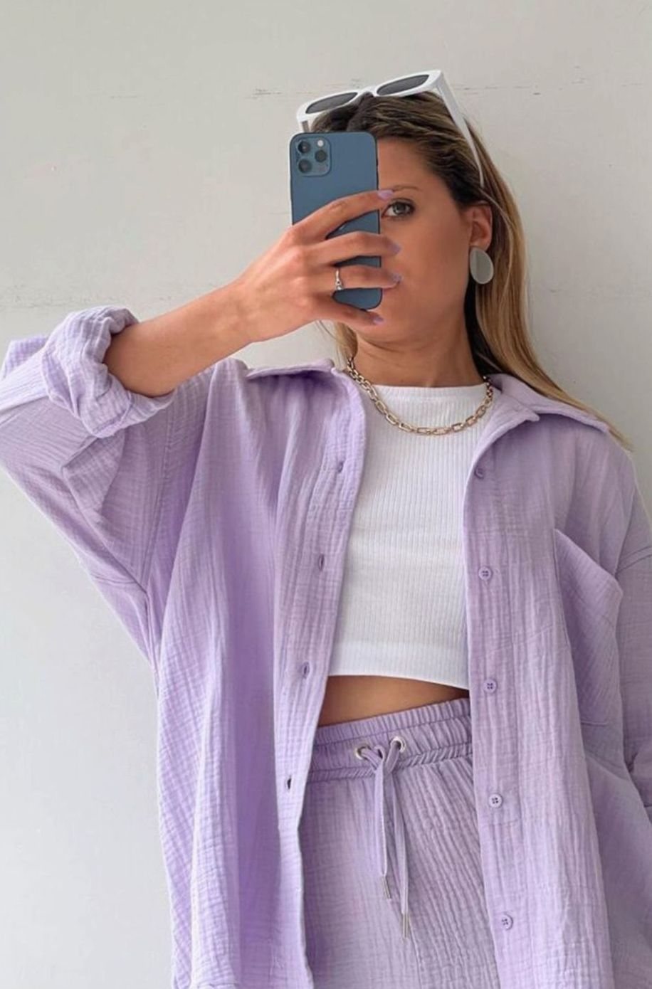 Women's Oversized Button-Down Shirt Shorts Two-Piece Set - Purple
