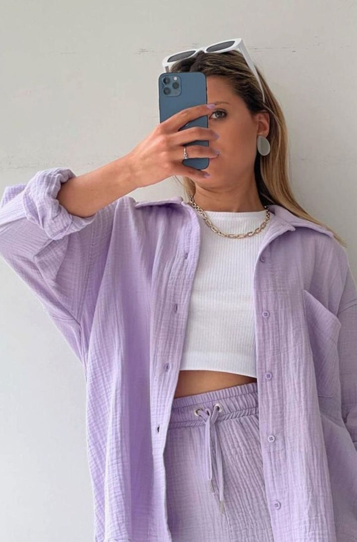 Women's Oversized Button-Down Shirt Shorts Two-Piece Set - Purple