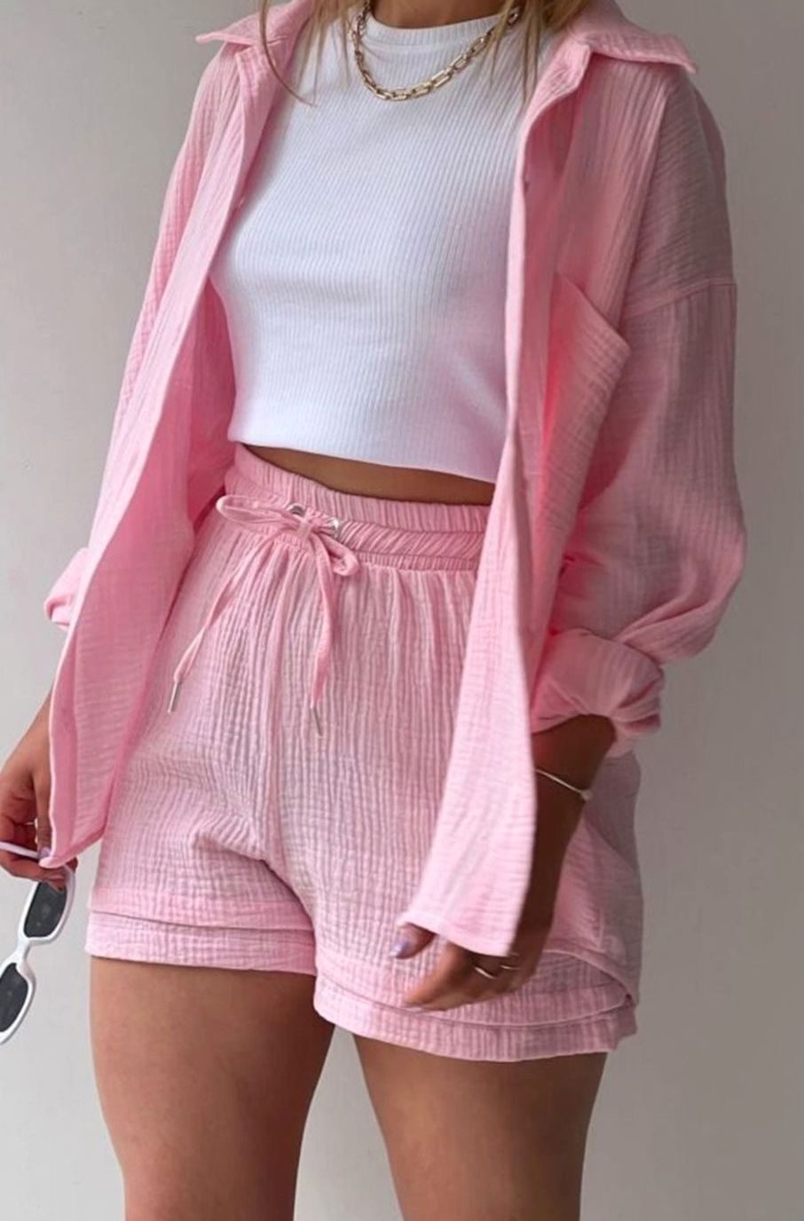 Women's Oversized Button-Down Shirt Shorts Two-Piece Set - Pink