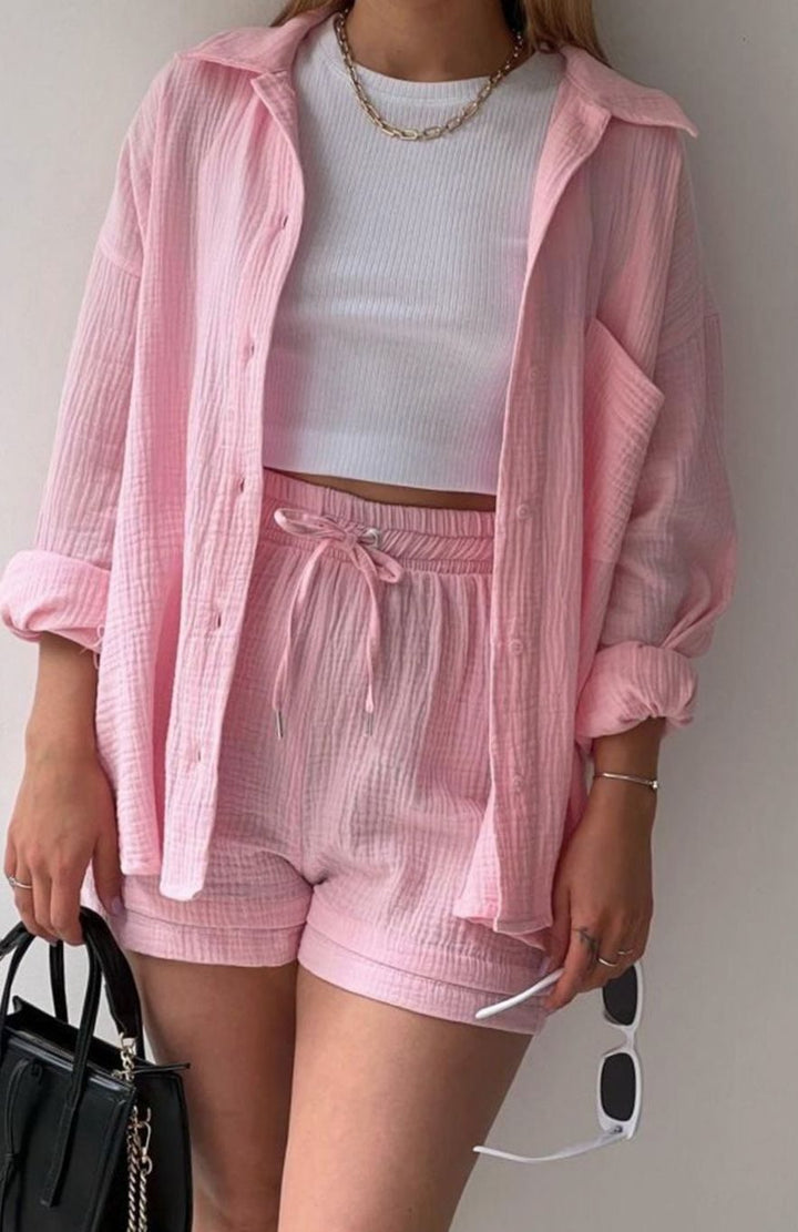 Women's Oversized Button-Down Shirt Shorts Two-Piece Set - Pink