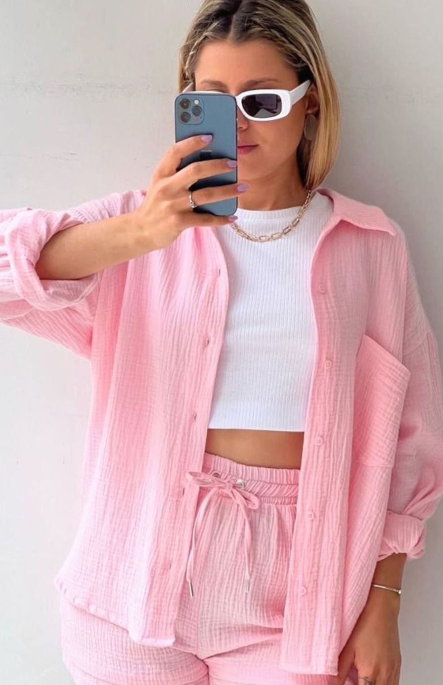 Women's Oversized Button-Down Shirt Shorts Two-Piece Set - Pink