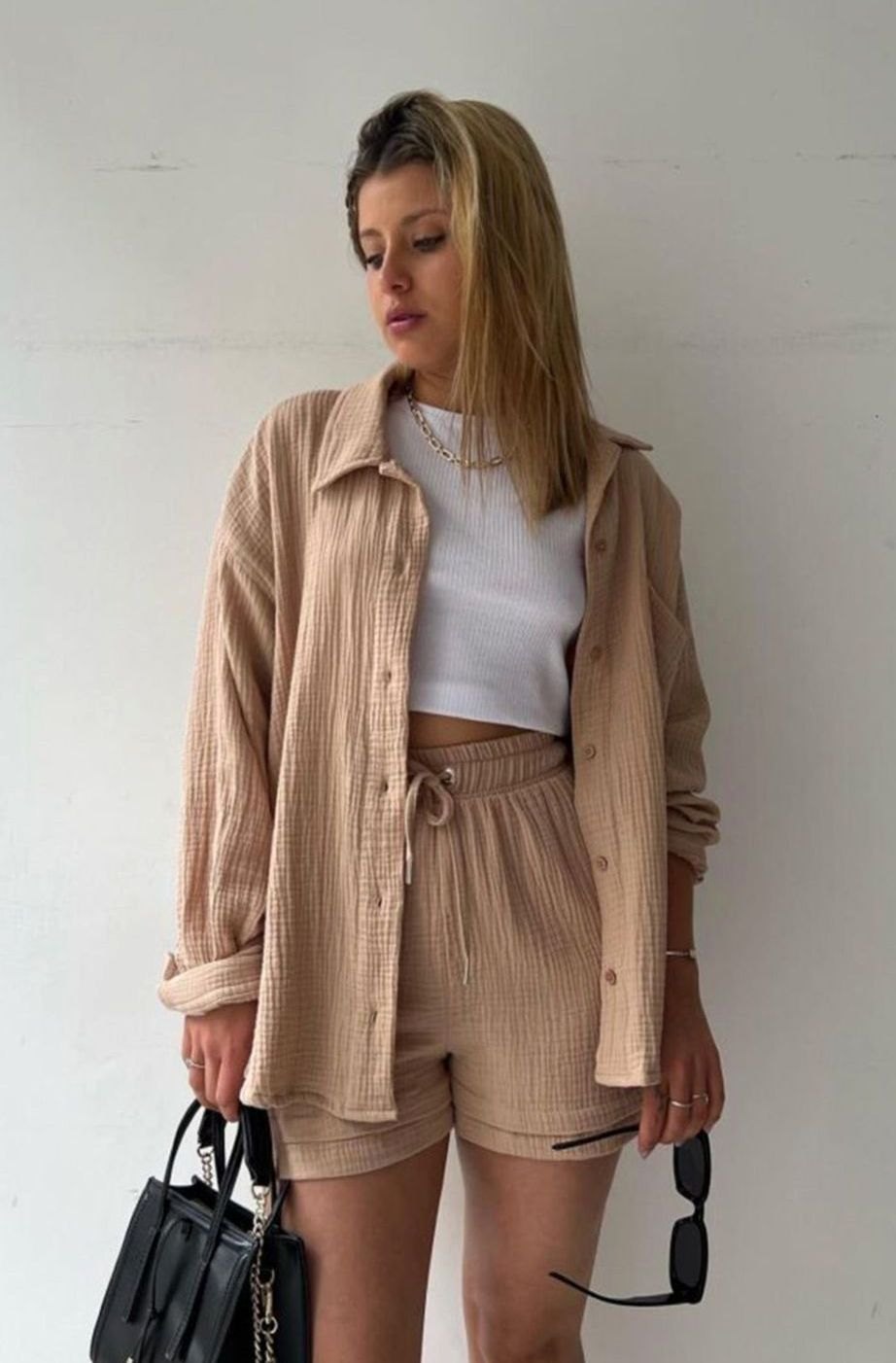 Women's Oversized Button-Down Shirt Shorts Two-Piece Set - Khaki
