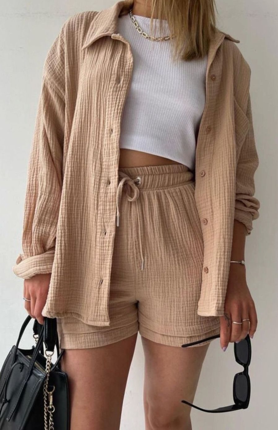 Women's Oversized Button-Down Shirt Shorts Two-Piece Set - Khaki