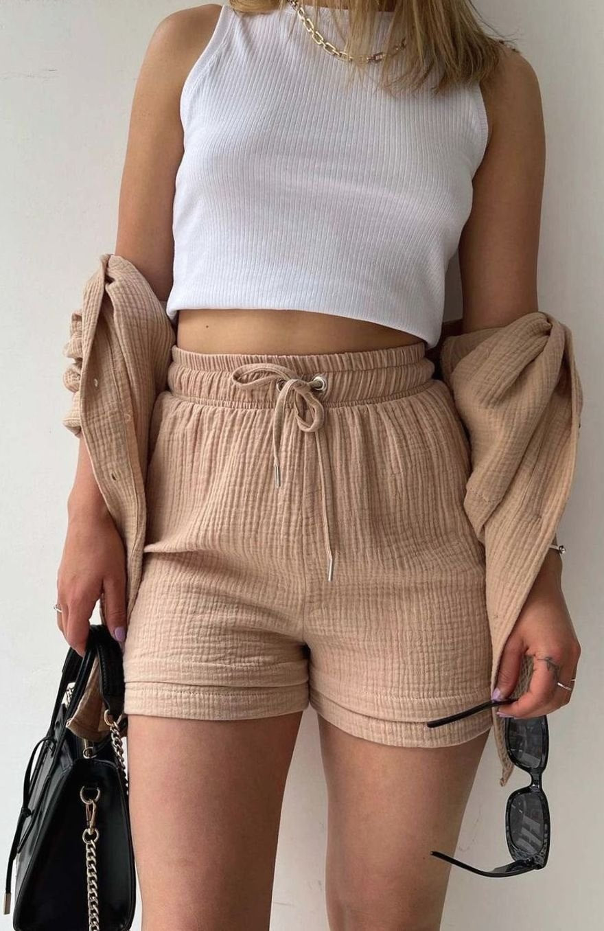 Women's Oversized Button-Down Shirt Shorts Two-Piece Set - Khaki