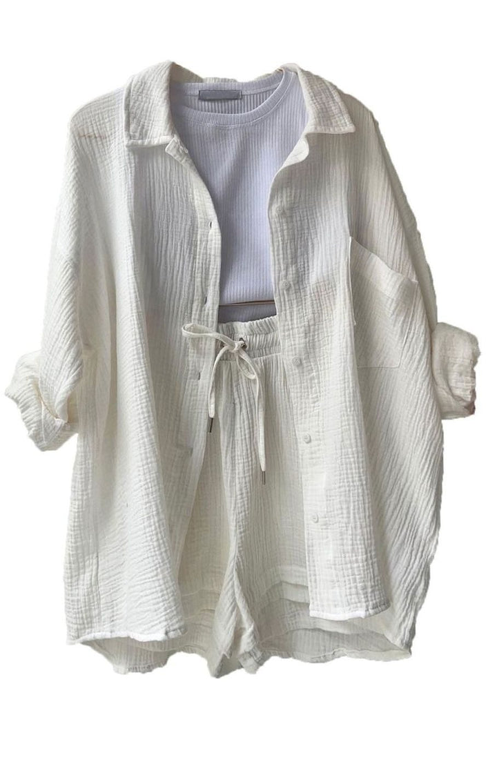 Women's Oversized Button-Down Shirt Shorts Two-Piece Set - White