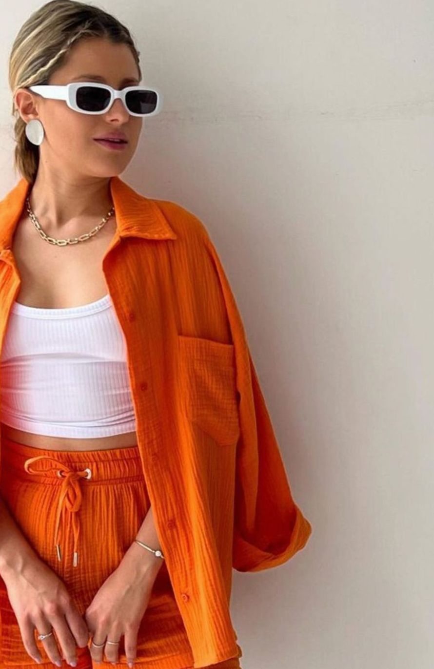 Women's Oversized Button-Down Shirt Shorts Two-Piece Set - Orange