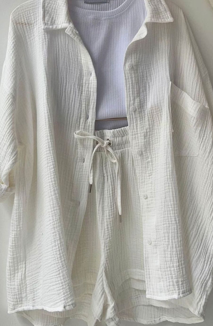 Women's Oversized Button-Down Shirt Shorts Two-Piece Set - White