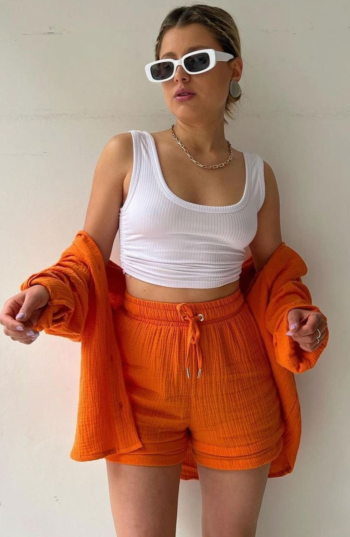 Women's Oversized Button-Down Shirt Shorts Two-Piece Set - Orange