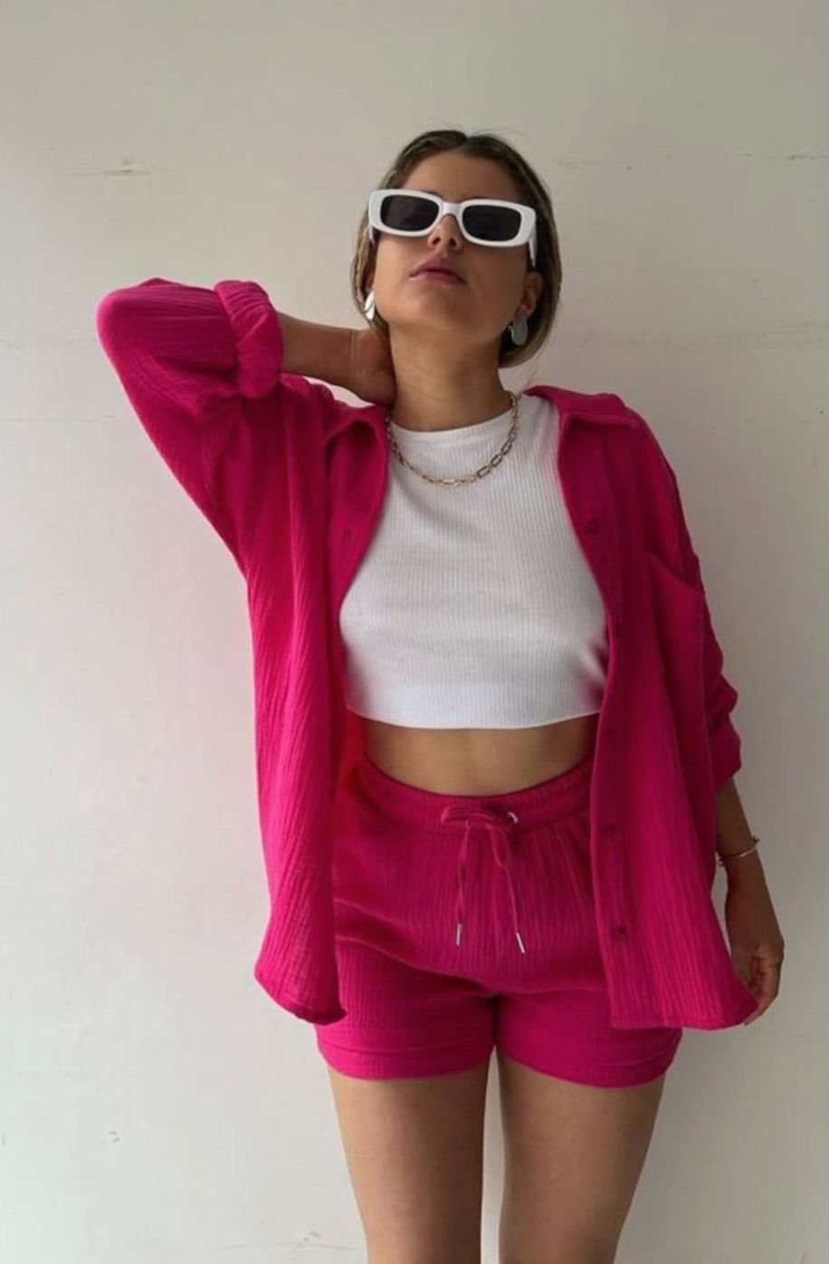 Women's Oversized Button-Down Shirt Shorts Two-Piece Set - Dark Pink