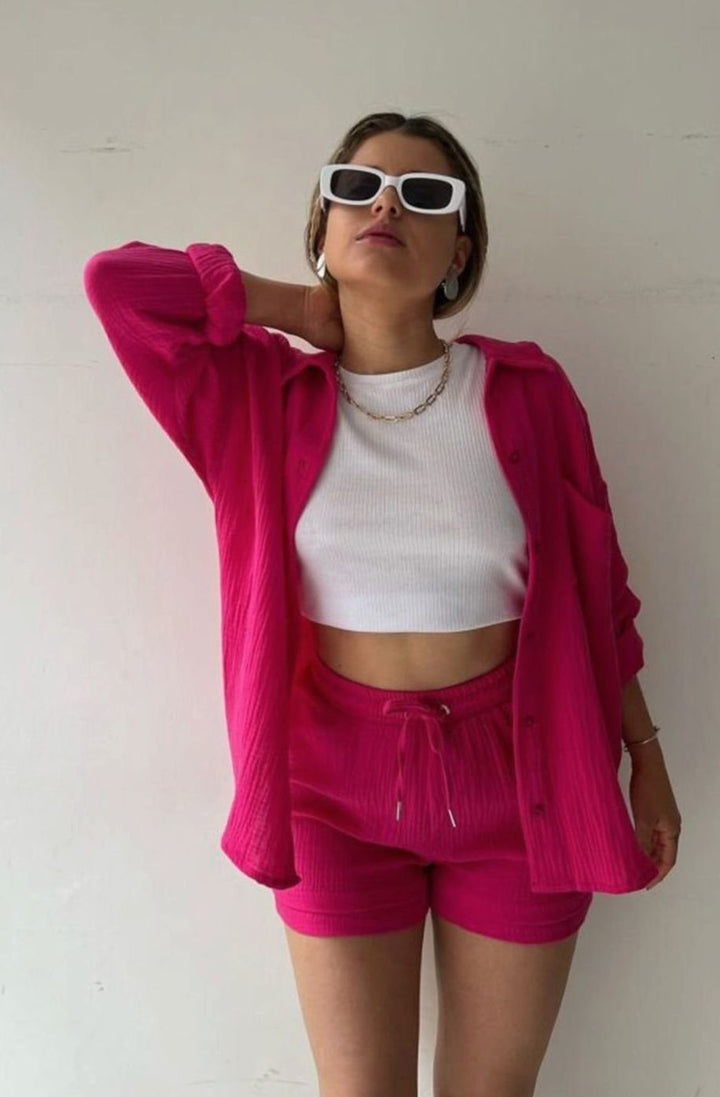 Women's Oversized Button-Down Shirt Shorts Two-Piece Set - Dark Pink
