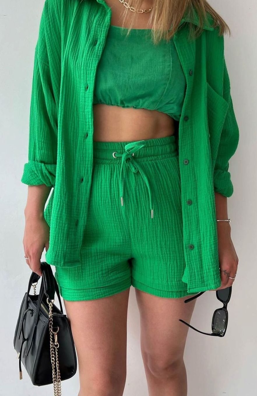 Women's Oversized Button-Down Shirt Shorts Two-Piece Set - Green