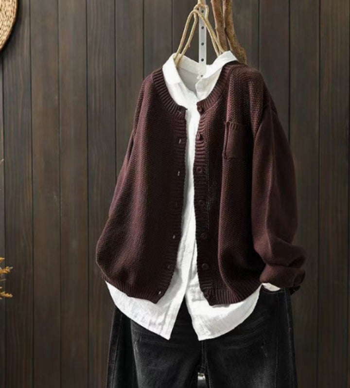 Women's Oversized Button-Up Knit Cardigan Sweater - Dark Brown