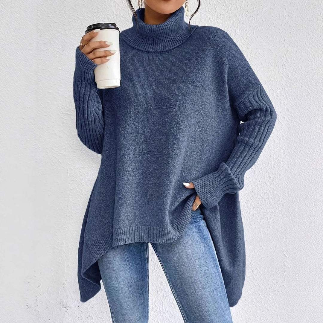 Women's Oversized Cashmere Turtleneck High-Low Hem Sweater - Navy