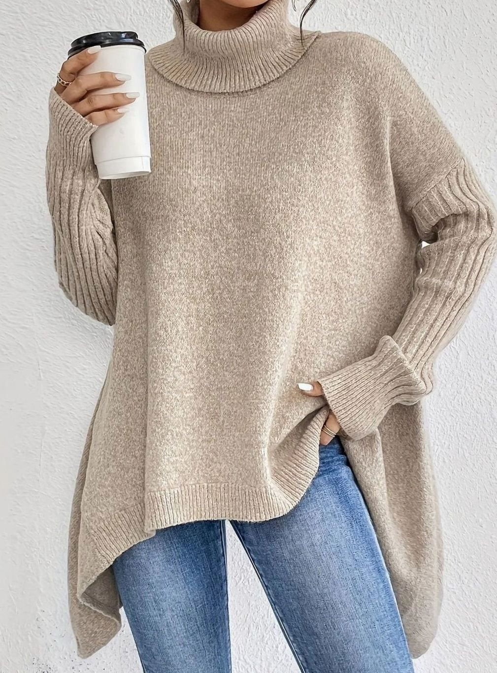 Women's Oversized Cashmere Turtleneck High-Low Hem Sweater - Apricot